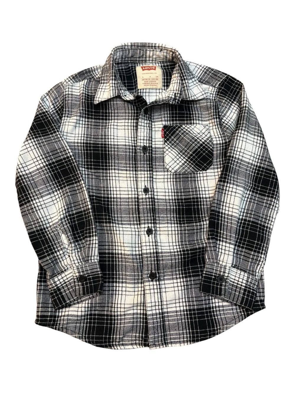 LEVI’S Boys Black White Buffalo Plaid Flannel Button Down Shirt Size S 8-10 EUC